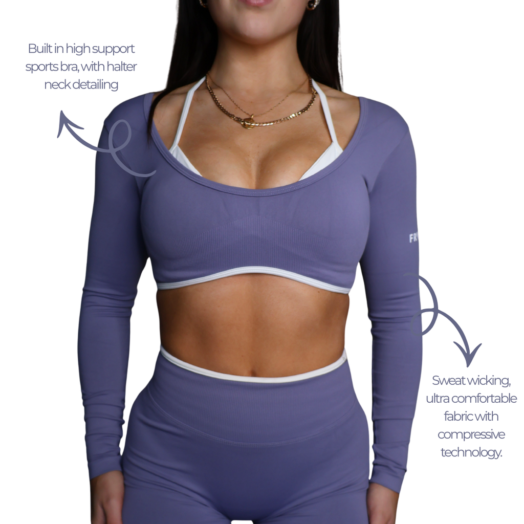 Long sleeve crop top for womens body sculpting. Built in supportive sports bra. 