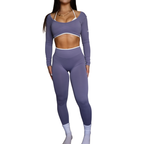 Womens blue/grey activewear set in seamless fabric.