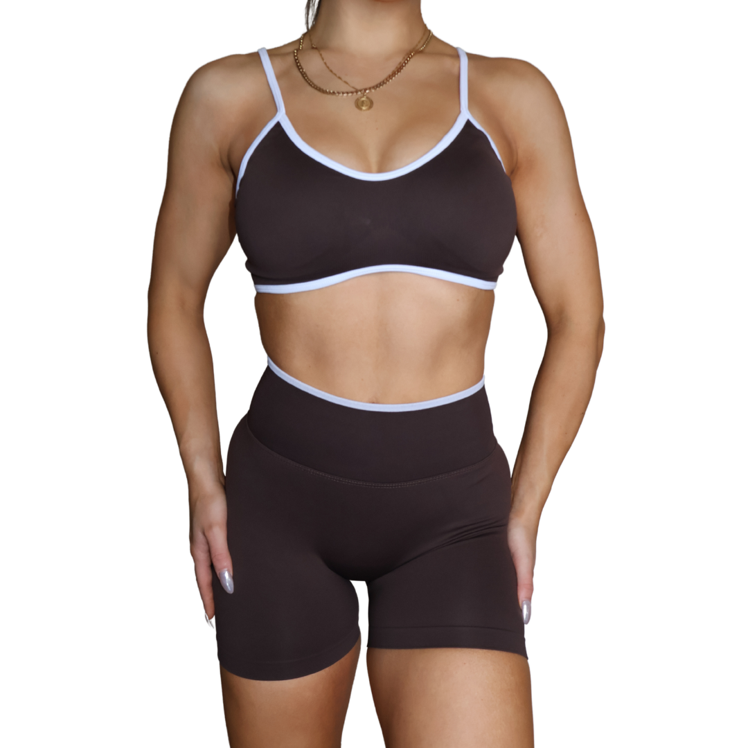 Womens brown seamless sports bra, with matching seamless shorts.