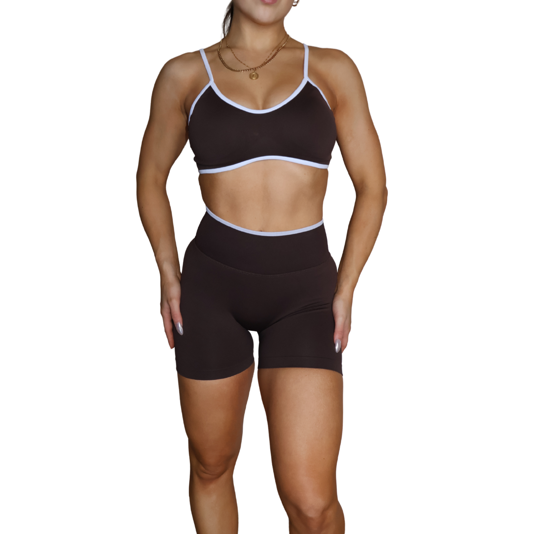 Womens activewear sets. Brown sports bra and shorts.