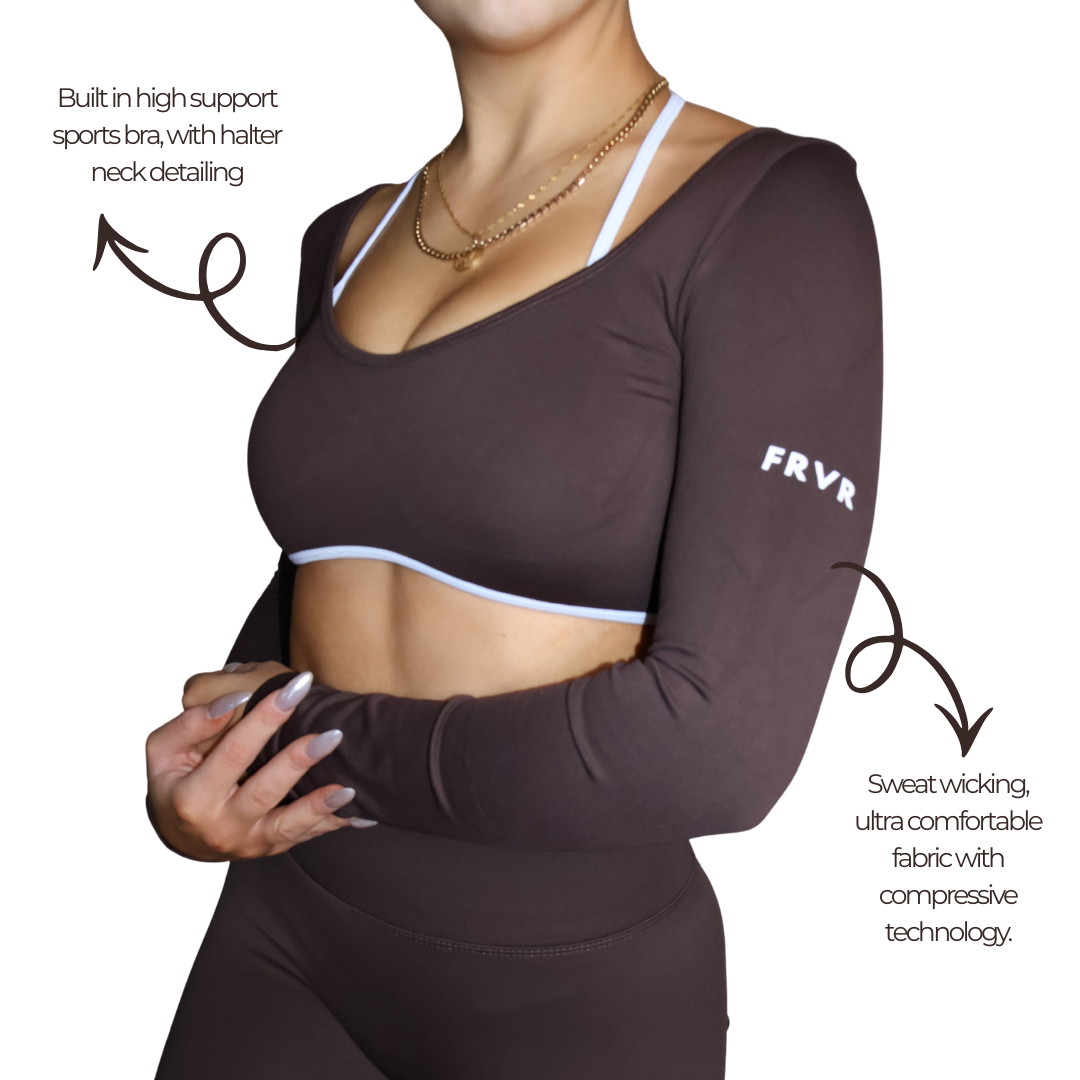 Womens long sleeve crop top with built in sports bra and halter neck detailing