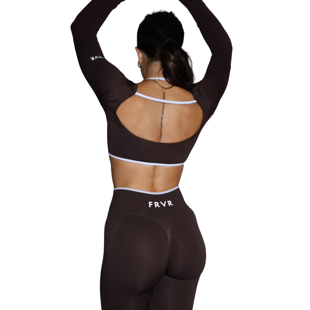 Womens long sleeve crop top in brown with matching seamless leggings.
