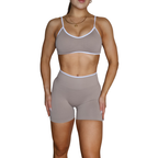 Womens beige seamless activewear set.