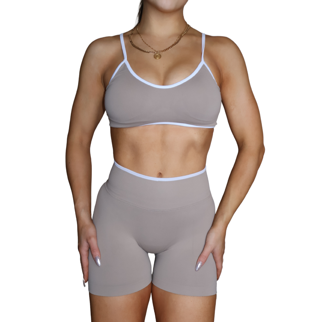 Womens beige seamless sports bra. Medium support activewear.