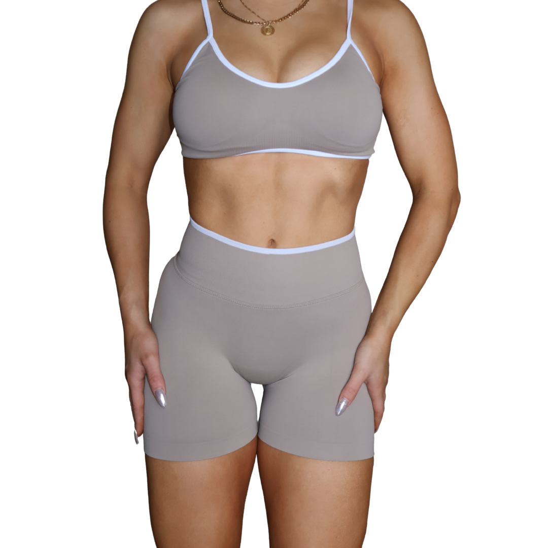 Beige womens seamless activewear set.