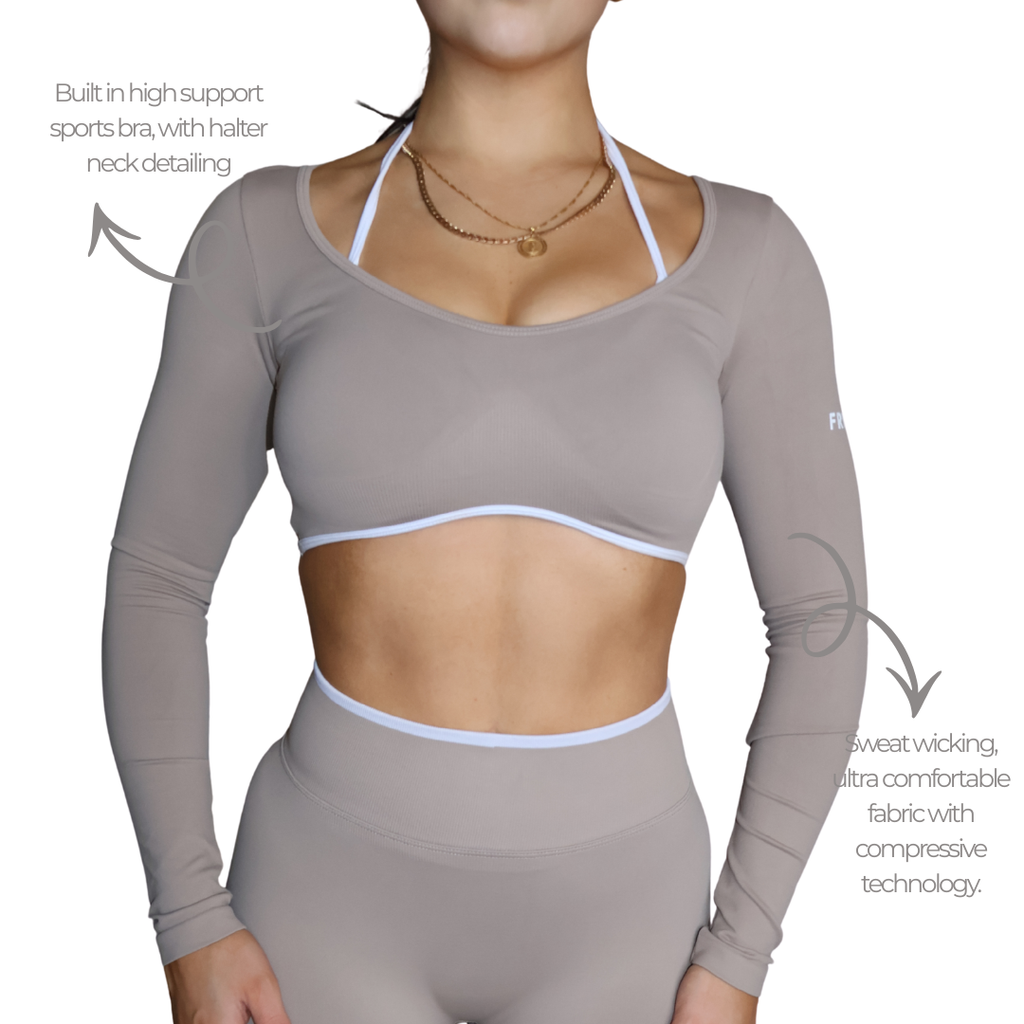 Womens beige seamless long sleeve crop with halter neck bra..