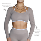 Womens beige seamless long sleeve crop with halter neck bra..